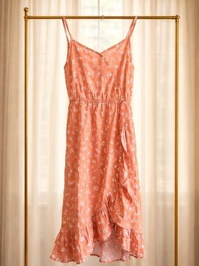 Floral Wrap Midi Dress in Coral with Ruffle Hem